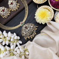 Vriksham Dual Peacock Gold-Plated With AD Stone Pendant Hasli Choker-Red Green-Gold Bead-G20530