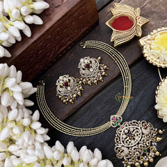 Vriksham Dual Peacock Gold-Plated With AD Stone Pendant Hasli Choker-Red Green-Gold Bead-G20530