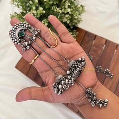 Vriksham Oxidized Silver Emerald Crescent Motif With Cascading Ghungroo Chains Earrings-S1133