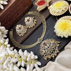 Vriksham Dual Peacock Gold-Plated With AD Stone Pendant Hasli Choker-Red Green-Gold Bead-G20530