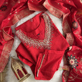 Red Stitched Suit Set - Dola Silk - VS3851