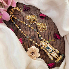 Vriksham Exquisite Matte Tirupati Balaji With Handcrafted Floral Jhumkas & Emerald Accents Pendant Chain-Aqua Green Bead-21835