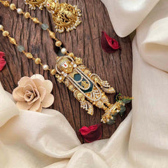 Vriksham Exquisite Matte Tirupati Balaji With Handcrafted Floral Jhumkas & Emerald Accents Pendant Chain-Aqua Green Bead-21835