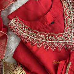 Red Stitched Suit Set - Dola Silk - VS3851