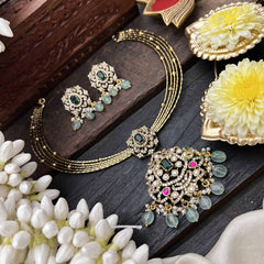 Vriksham Dual Peacock Gold-Plated With AD Stone Pendant Hasli Choker-Green-Green Bead-G20528