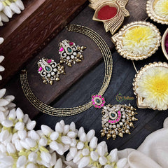 Vriksham Antique Dual Peacock Gold-Plated With AD Stone Pendant Hasli Choker-Red Green & White-Gold Bead-G20532