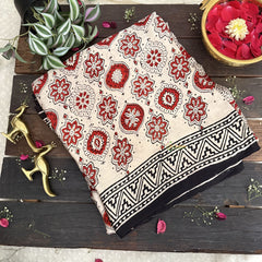 Vriksham Off White With Red Floral Striped Print Ajrakh Modal Silk Saree-VS4669