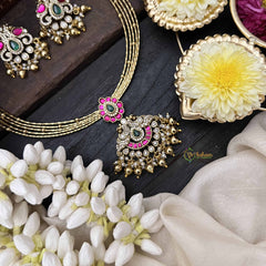 Vriksham Antique Dual Peacock Gold-Plated With AD Stone Pendant Hasli Choker-Red Green & White-Gold Bead-G20532