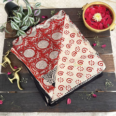 Vriksham Off White With Red Floral Striped Print Ajrakh Modal Silk Saree-VS4669