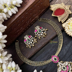 Vriksham Antique Dual Peacock Gold-Plated With AD Stone Pendant Hasli Choker-Red Green & White-Gold Bead-G20532