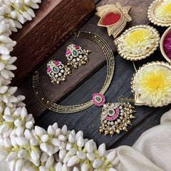 Vriksham Antique Dual Peacock Gold-Plated With AD Stone Pendant Hasli Choker-Red Green & White-Gold Bead-G20532