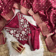 Maroon Stitched Suit Set - Dola Silk - VS3847