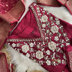 Maroon Stitched Suit Set - Dola Silk - VS3847