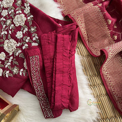 Maroon Stitched Suit Set - Dola Silk - VS3847