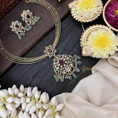 Vriksham Dual Peacock Gold-Plated With AD Stone Pendant Hasli Choker-Red-Green Bead-G20529