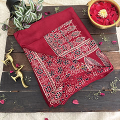 Vriksham Maroon Plain With Printed Border Ajrakh Modal Silk Saree-VS4660