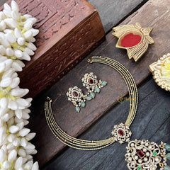 Vriksham Dual Peacock Gold-Plated With AD Stone Pendant Hasli Choker-Red-Green Bead-G20529