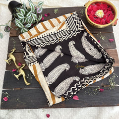 Vriksham Cream & Mustered Yellow Striped Print Designer Ajrakh Modal Silk Saree-VS4655