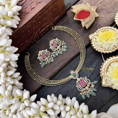 Vriksham Traditional Gold-Plated With AD Stone Pendant Hasli Choker-Green Bead-G20525