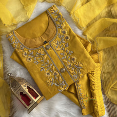 Mustard Stitched Suit Set - Dola Silk - VS3844