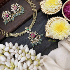 Vriksham Traditional Gold-Plated With AD Stone Pendant Hasli Choker-Green Bead-G20525