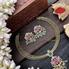 Vriksham Traditional Gold-Plated With AD Stone Pendant Hasli Choker-Green Bead-G20525