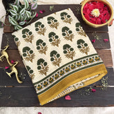 Vriksham Naaz Brige Green Musterd Hand Block Printed Ajrakh Modal Silk Saree-VS4670