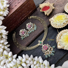 Vriksham Traditional Gold-Plated With AD Stone Pendant Hasli Choker-Green Bead-G20525