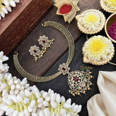 Vriksham Dual Peacock Gold-Plated With AD Stone Pendant Hasli Choker-Red-Gold Bead-G20531