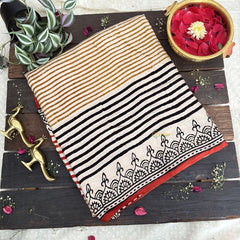 Vriksham Off White With Multi Color Striped Print Ajrakh Modal Silk Saree-VS4665