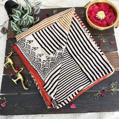 Vriksham Off White With Multi Color Striped Print Ajrakh Modal Silk Saree-VS4665