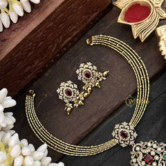 Vriksham Dual Peacock Gold-Plated With AD Stone Pendant Hasli Choker-Red-Gold Bead-G20531