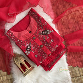 Red Stitched Suit Set - Dola Silk - VS3841