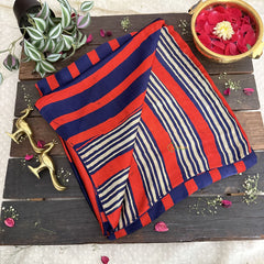 Vriksham Red With Blue Striped Print Ajrakh Modal Silk Saree-VS4664