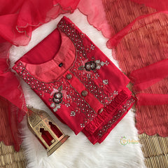 Red Stitched Suit Set - Dola Silk - VS3841