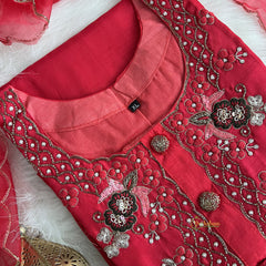 Red Stitched Suit Set - Dola Silk - VS3841