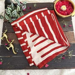 Vriksham Radish Red With Off White Striped Print Ajrakh Modal Silk Saree-VS4667