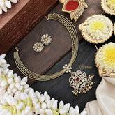 Vriksham Traditional Gold-Plated With Floral AD Stone Pendant Hasli Choker-Red-Gold Bead-G20526