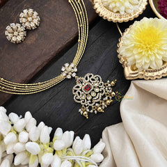Vriksham Traditional Gold-Plated With Floral AD Stone Pendant Hasli Choker-Red-Gold Bead-G20526