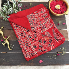 Vriksham Red Plain With Printed Border Ajrakh Modal Silk Saree-VS4662