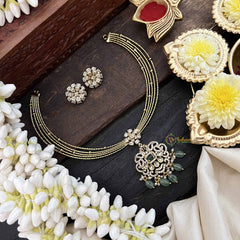 Vriksham Traditional Gold-Plated With Floral AD Stone Pendant Hasli Choker-Green-Green Bead-G20527