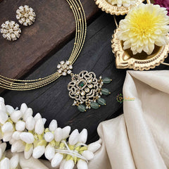 Vriksham Traditional Gold-Plated With Floral AD Stone Pendant Hasli Choker-Green-Green Bead-G20527