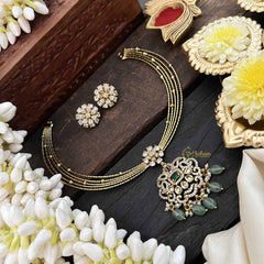 Vriksham Traditional Gold-Plated With Floral AD Stone Pendant Hasli Choker-Green-Green Bead-G20527