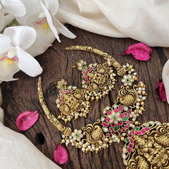 Vriksham Gold Plated Kundan Jadau Lakshmi with Dual Peacock Hasli Neckpiece-Pearl-J3439