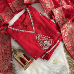 Red Stitched Suit Set - Dola Silk - VS3837