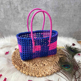 Vrikshamand Woven Plastic Wire Tote Bag With Vibrant Navy & Neon Pink Checkerboard Basket-KRG2138