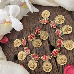 Vriksham Unique Gold Look Alike Lotus With Lakshmi Coin Short Neckpiece-G18936