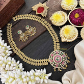 Vriksham Antique Lakshmi Coin With Round Pendant Long Neckpiece-Gold Bead & Pearls-G20547