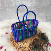 Vriksham Woven Plastic Wire Tote Bag With Green,Blue & Pink Checkerboard Basket-KRG2143