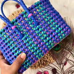 Vriksham Woven Plastic Wire Tote Bag With Green,Blue & Pink Checkerboard Basket-KRG2143